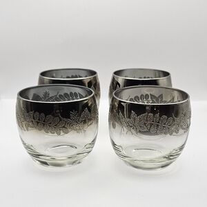 MCM Vintage Silver Fade Roly Poly Glasses Etched Leaf Barware Set of 4